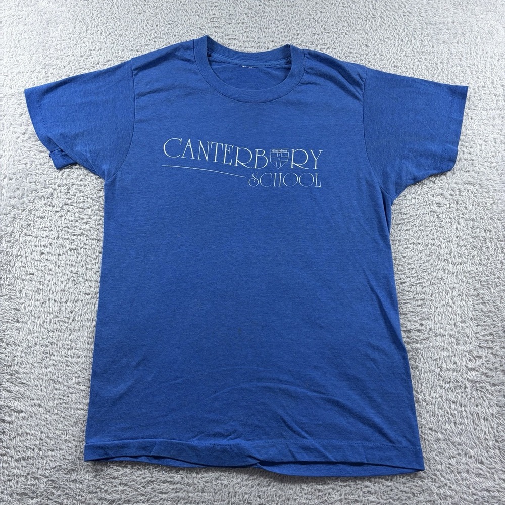 VINTAGE School Graphic T Shirt Mens Small Blue Faded Paper Thin Canterbury